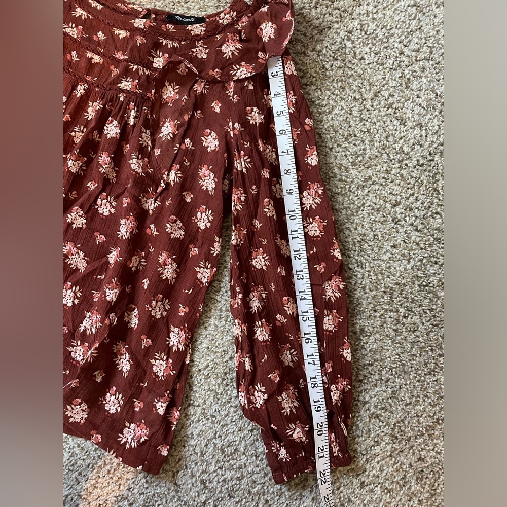 Madewell Ladder Trim Ruffle top burgundy floral Loose boho Women’s oversized XS - Picture 7 of 9